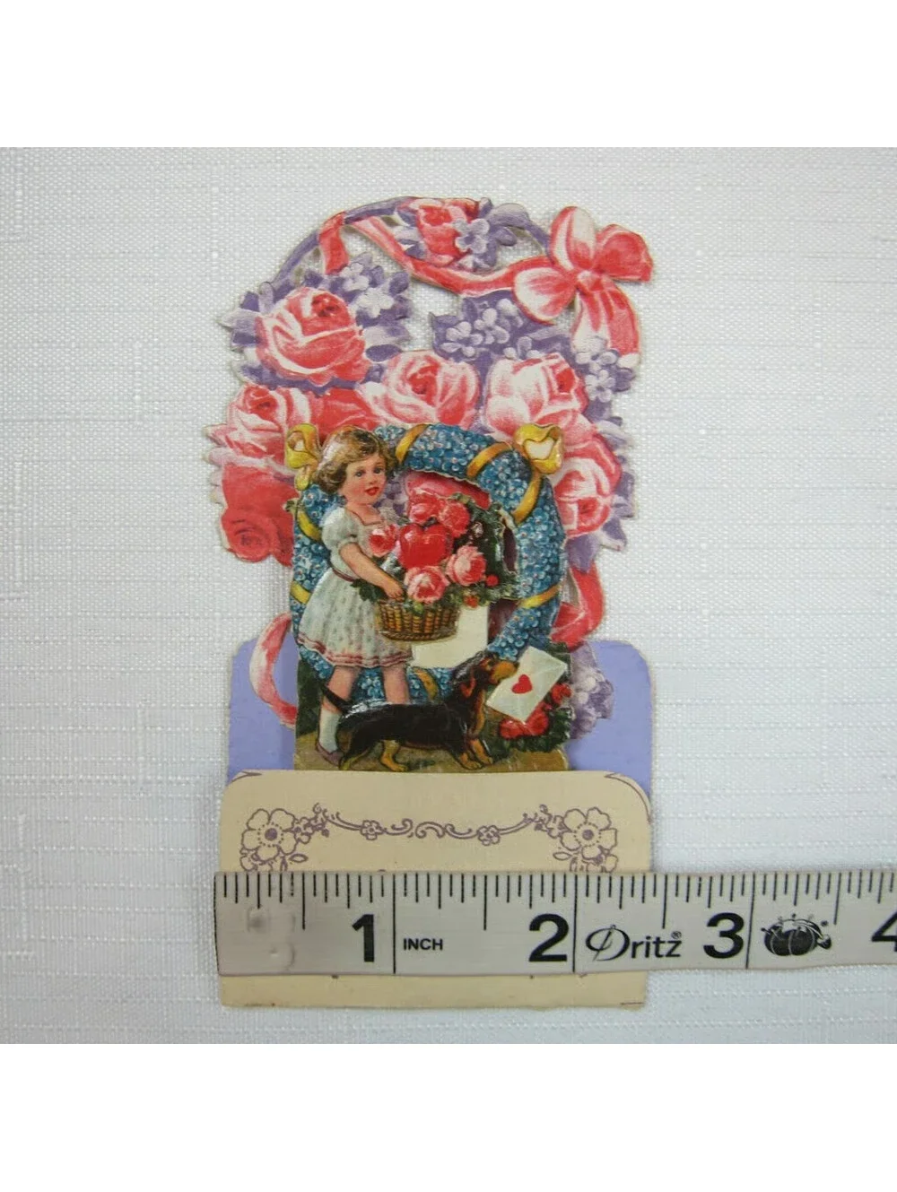 Vintage Valentine 3D Pop Up Pull Down Die Cut Girl Flowers Wiener Dog Germany